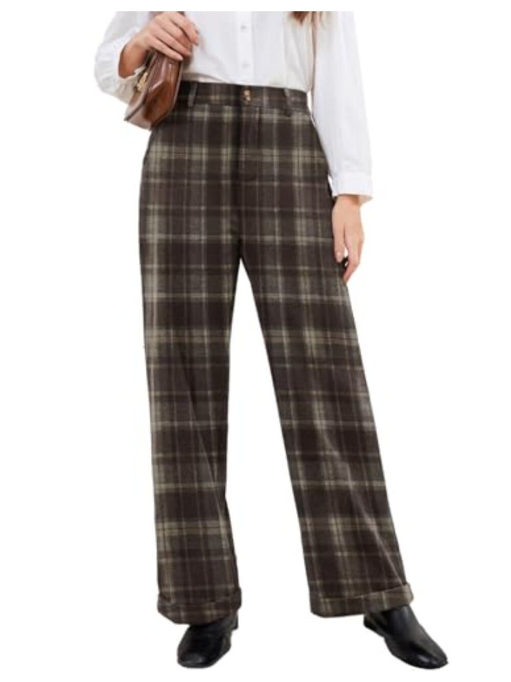 Wide Leg High Waist Stretchy Plaid Dress Pants Trousers